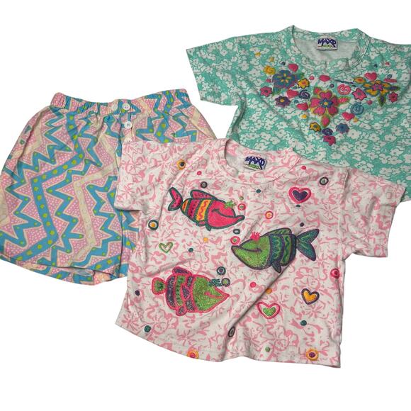 Vintage Floral Embellished Lot of 2 Shirts and Printed Shorts Girl's Size Medium - Picture 1 of 12